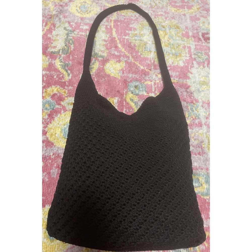 Black Crochet Purse Bag The Sak Boho Shoulder Bohemian Festival 1990's 13"x15"